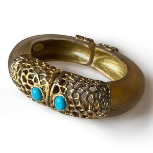 Alexis Bittar Gold Resin Romantic Boho Chunky Bangle Cuff Filigree Bracelet